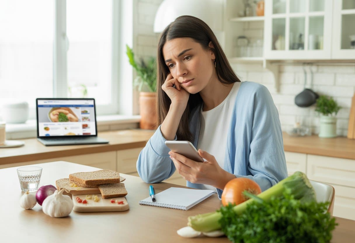 A young woman sitting at a kitchen table surrounded by various foods, looking thoughtful while holding a smartphone and notepad, with a laptop open in the background.