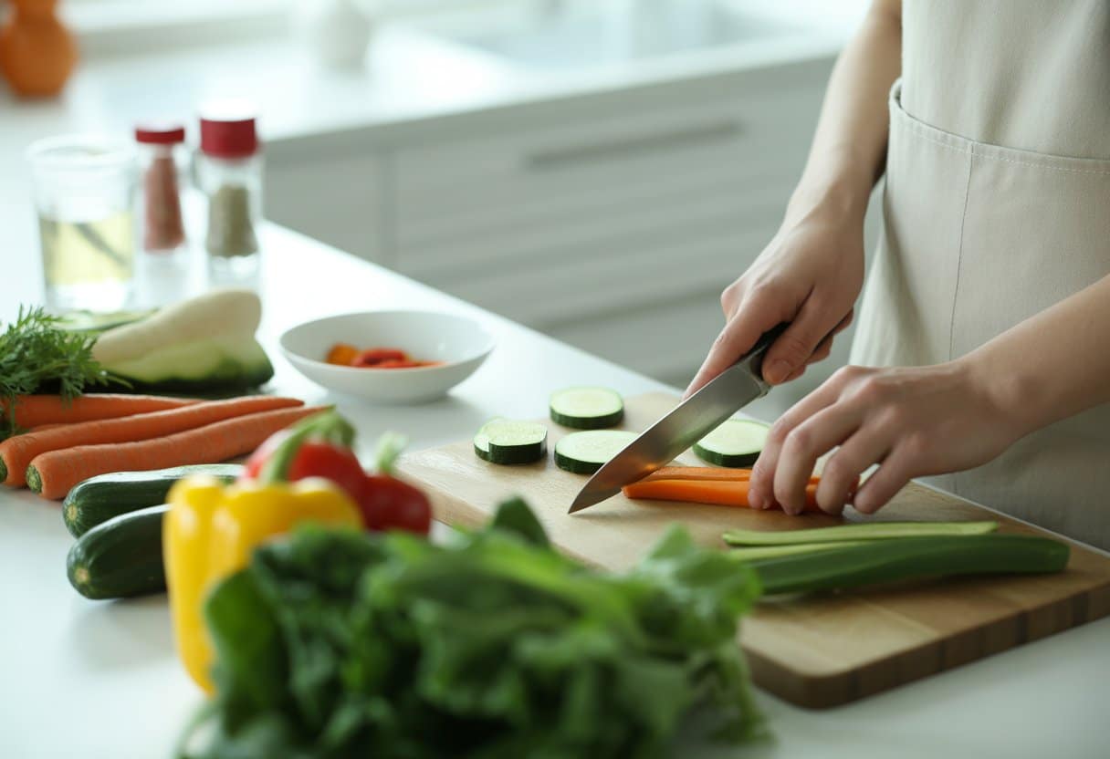 Person preparing fresh vegetables in a bright kitchen with neatly arranged ingredients on the countertop.