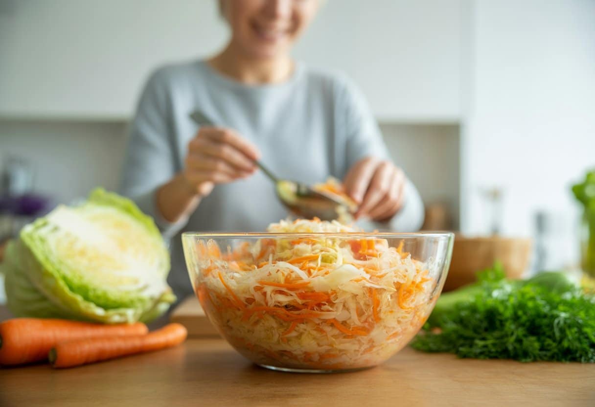A woman preparing a healthy meal in a kitchen with a bowl of fresh sauerkraut and vegetables on the countertop.