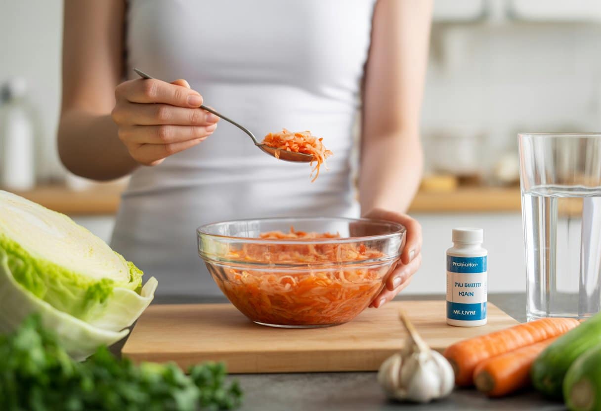 Close-up of a bowl of sauerkraut on a kitchen countertop with a person holding a spoonful of it, surrounded by fresh vegetables and a glass of water.