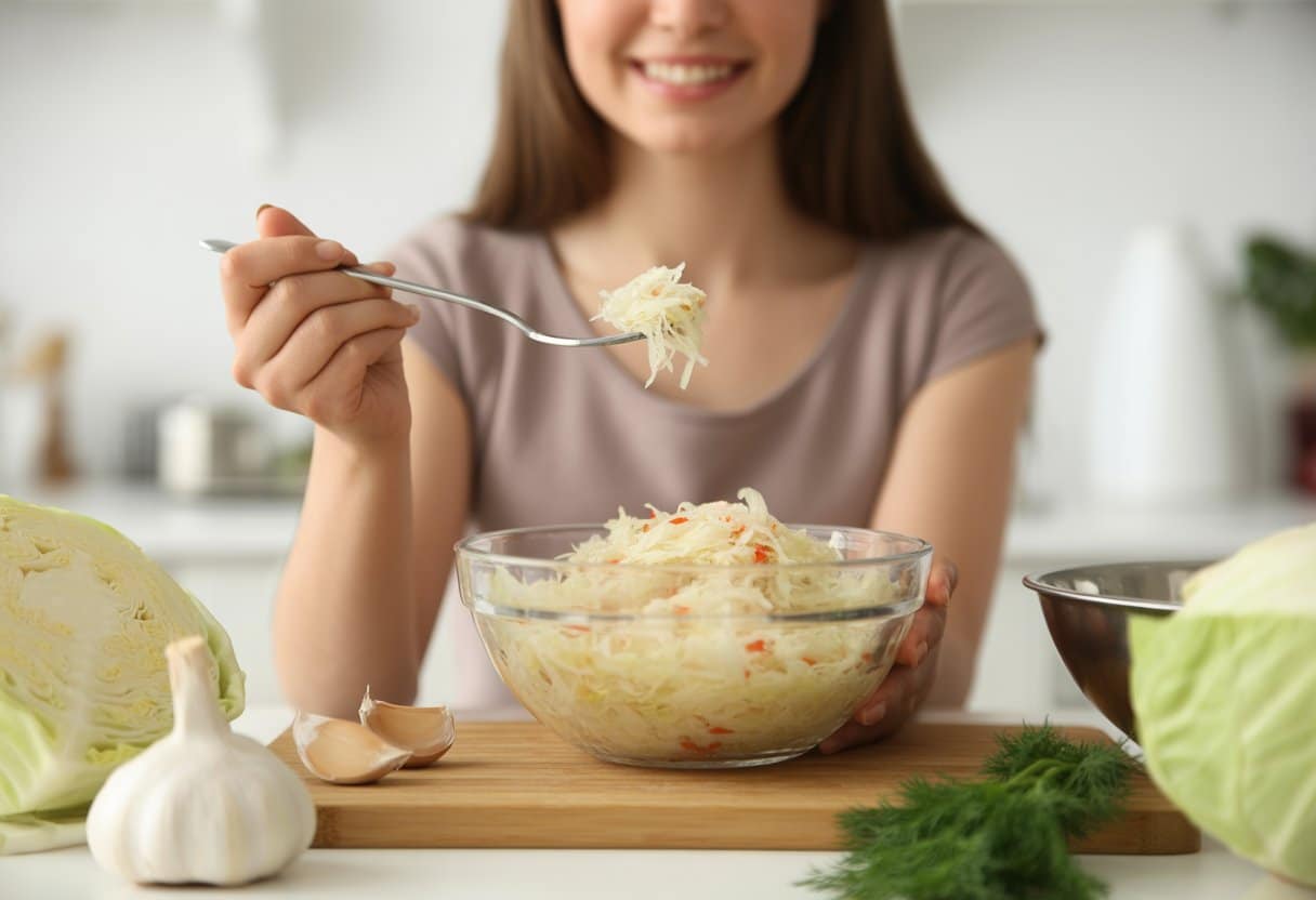 A bowl of sauerkraut on a wooden board with fresh cabbage and herbs nearby, and a person holding a fork with sauerkraut in a bright kitchen.