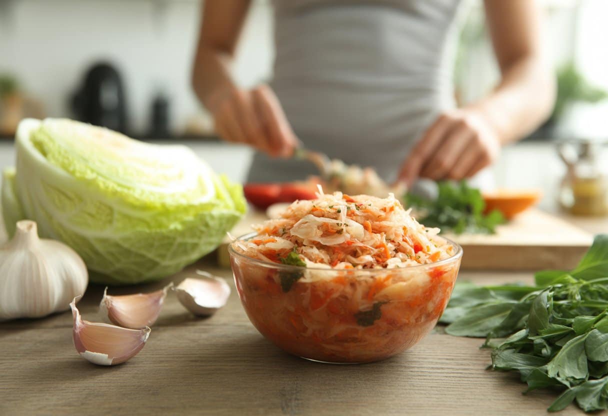 A bowl of fresh sauerkraut on a wooden table with fresh cabbage and herbs nearby, and a person preparing food in a kitchen in the background.