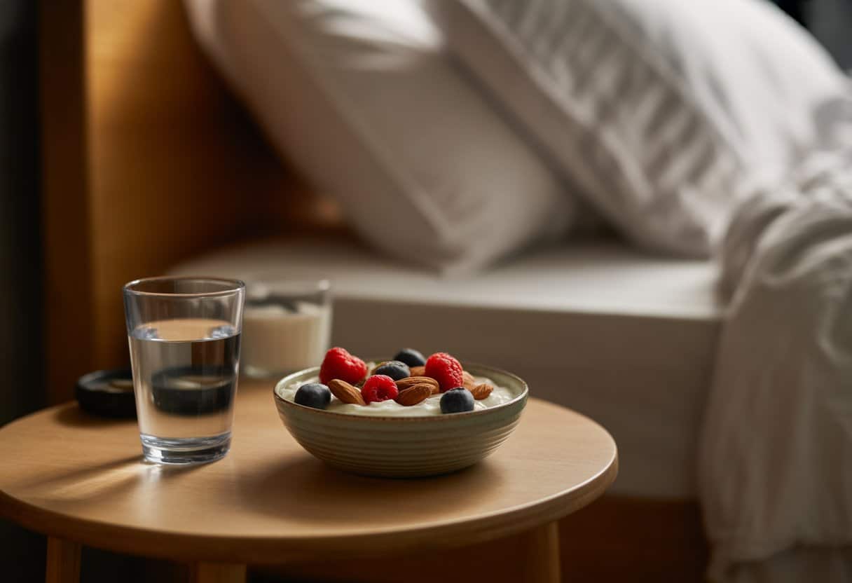 A bedside table with a bowl of protein-rich food and a glass of water next to a neatly made bed.