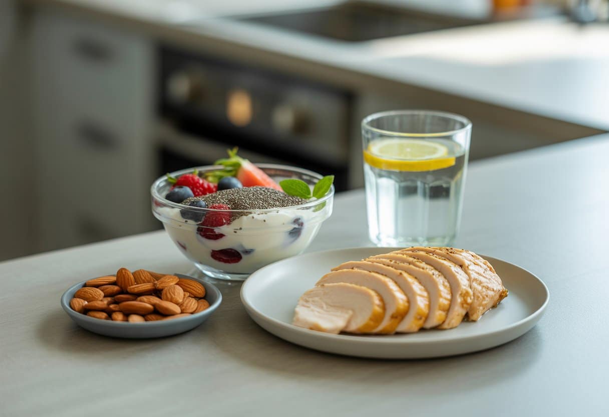 A kitchen countertop displaying a bowl of Greek yogurt with berries, sliced grilled chicken breast, almonds, and a glass of water with lemon.