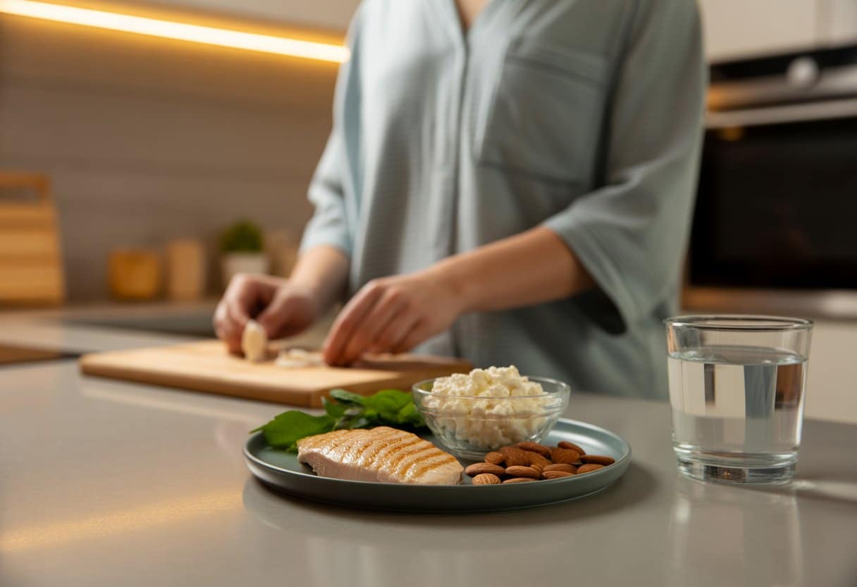 A person preparing a healthy nighttime protein snack in a modern kitchen with a plate of chicken, cottage cheese, almonds, and a glass of water on the counter.