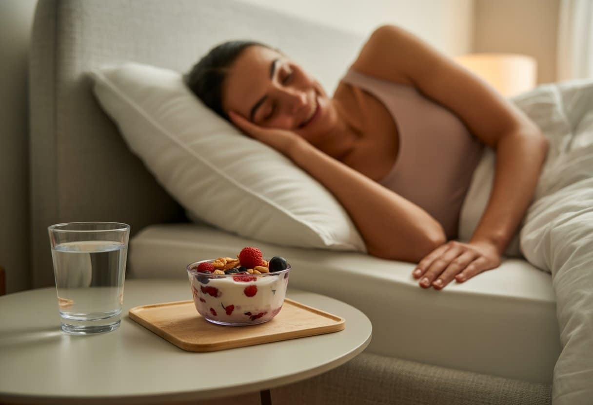 A person in sleepwear preparing for bed with a glass of water and a bowl of protein-rich snack on the bedside table in a calm bedroom.