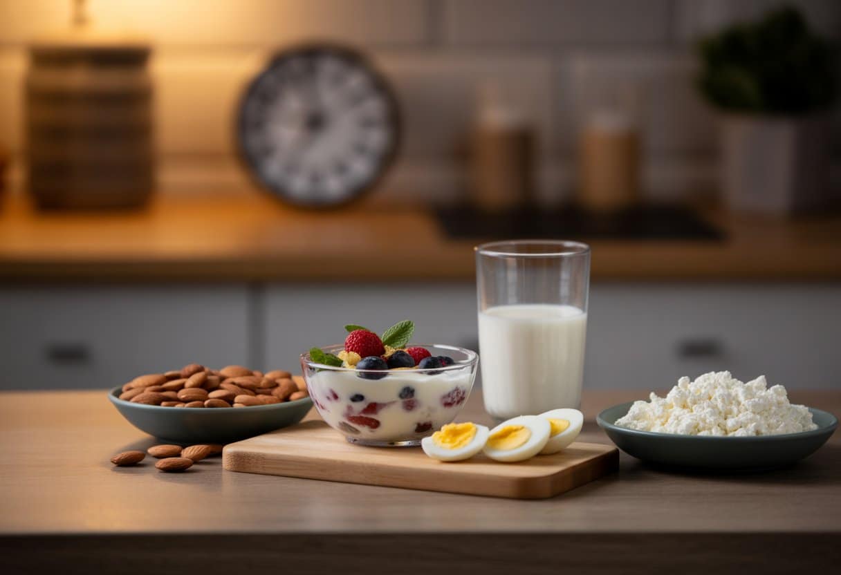 A nighttime kitchen countertop with a variety of protein-rich snacks including Greek yogurt with berries and nuts, milk, almonds, boiled eggs, and cottage cheese under warm lighting.