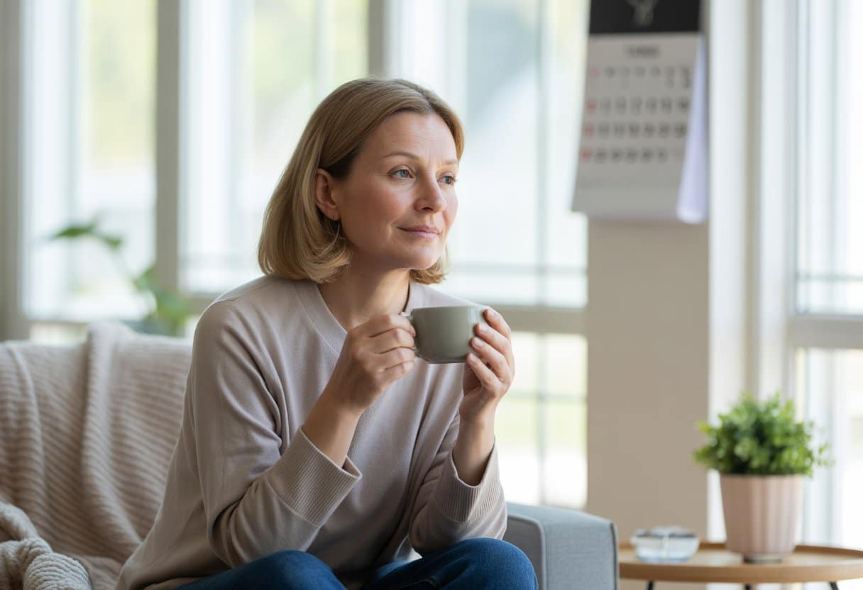 A middle-aged woman sitting thoughtfully in a bright living room holding a cup of tea.