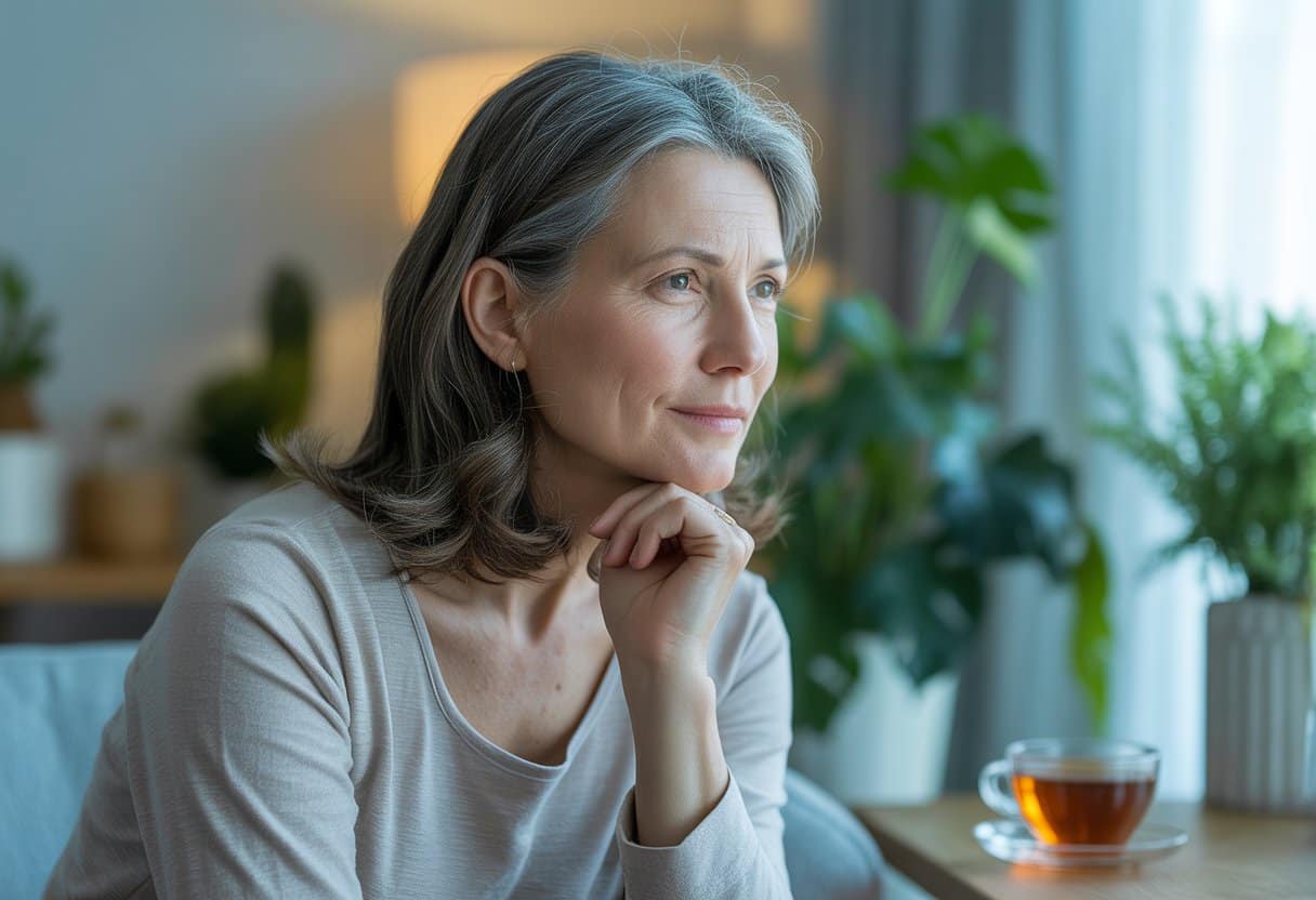 A middle-aged woman sitting thoughtfully near a window with natural light, surrounded by plants and a cup of tea.