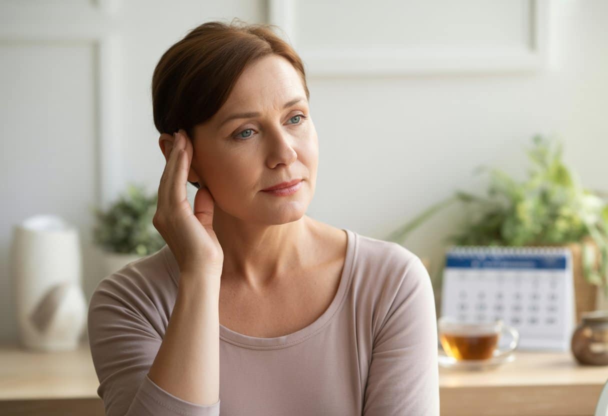 A middle-aged woman sitting thoughtfully in a bright room, gently touching her face, reflecting on hormonal changes during perimenopause.
