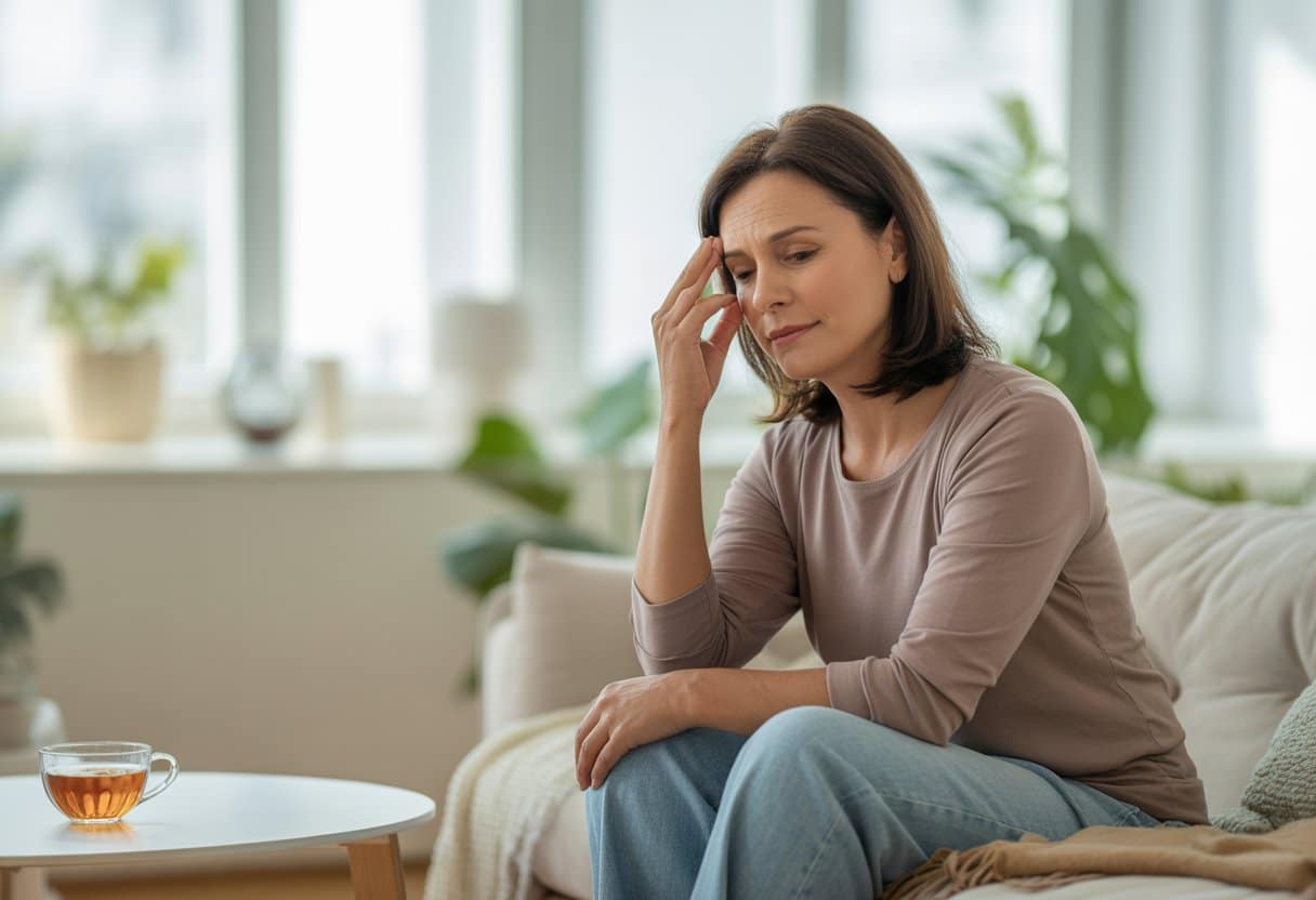 A middle-aged woman sitting thoughtfully in a bright living room, gently touching her forehead.