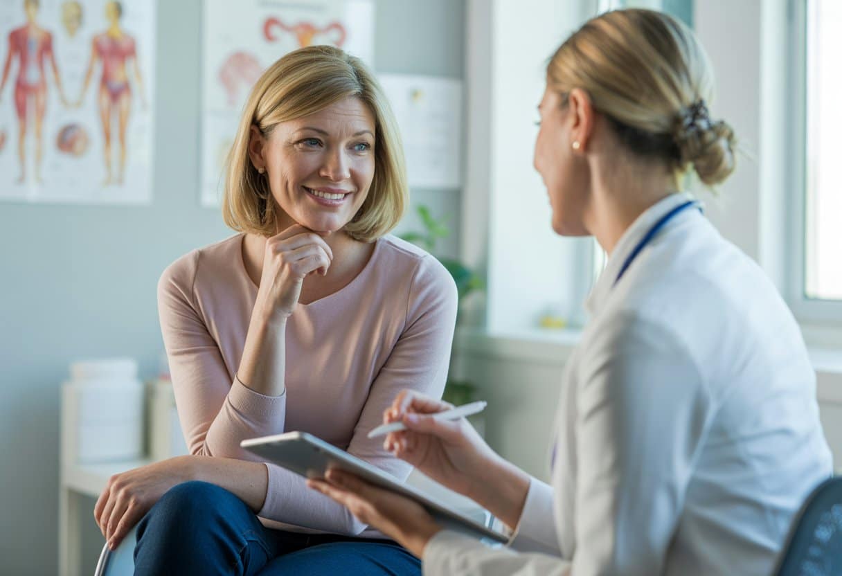A middle-aged woman talks with a female healthcare professional in a bright medical office during a health consultation.