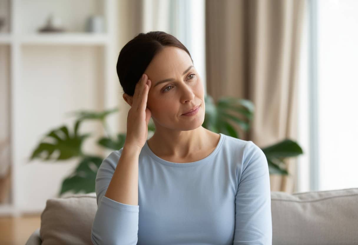 A middle-aged woman sitting thoughtfully in a bright living room with plants and natural light.
